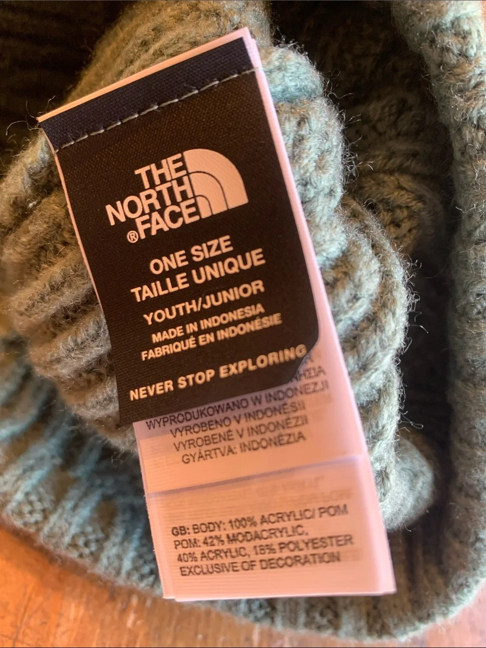 The North Face Kids Sage Green Cable Knit Pom Beanie